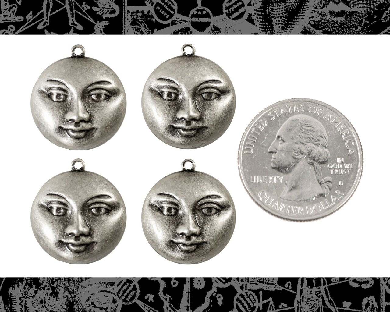 Antiqued Silver Plated Brass Full Moon Pendants - Set of Four - S-P90